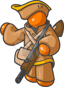 An orange man dressed as a minute man or hunter.