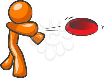Orange Man throwing a frisby while running.