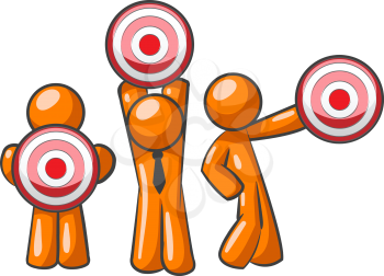 Three orange men holding targets up. A versatile concept for planning, objectives, or target audience.