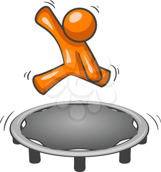 An orange man having fun jumping on a trampoline.