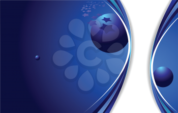 Royalty Free Clipart Image of a Blue Background With a White Band and Bubbles and Stars