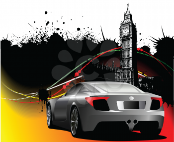 Royalty Free Clipart Image of a Luxury Car Against a London Background