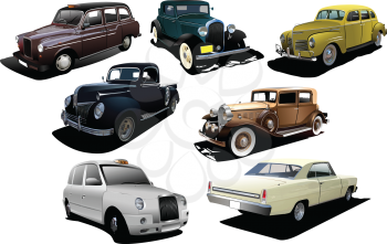 Royalty Free Clipart Image of Seven Old Cars