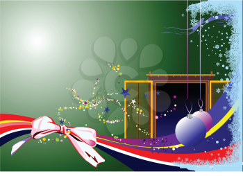 Royalty Free Clipart Image of a Green Background With a Bow and Hanging Ornaments