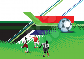 Royalty Free Clipart Image of Three Soccer Players and a Larger Soccer Ball