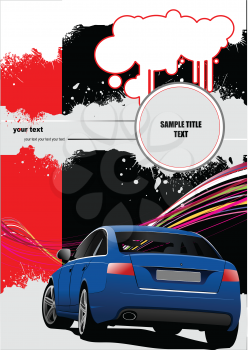 Royalty Free Clipart Image of a Blue Car on a Red and Black Background With Space for Text