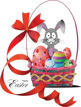 Royalty Free Clipart Image of a Basket of Easter Eggs and a Bunny