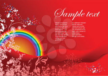 Royalty Free Clipart Image of a Red Background With a Rainbow and Flowers in the Corner