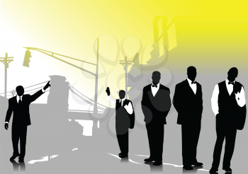 Royalty Free Clipart Image of Male Silhouettes on an Urban Street