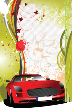 Green and red grunge background with red car. Vector