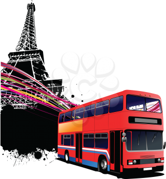 Red double bus with Paris image background. Vector illustration