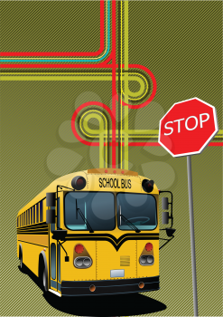 Yellow school bus and city junction. Vector illustration