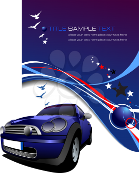 Blue background with blue car, stars and blue birds images . Vector illustration