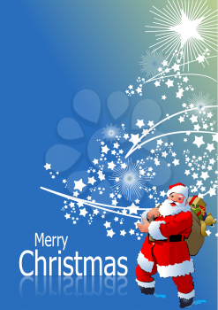 Blue abstract Christmas background with white snowflakes and Santa image. Vector illustration