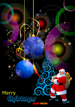 Christmas - New Year shine card with golden balls and Santa and New year tree images.  Eps10 vector