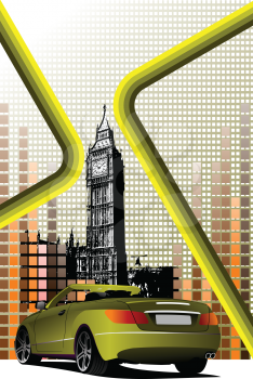 Abstract hi-tech background with London and yellow cabriolet images. Colored vector illustration for designers
