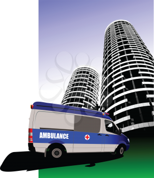Ambulance minibus on the road and city silhouette. Vector illustration
