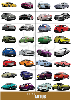 Big set of 32 kinds cars on the road. Vector illustration