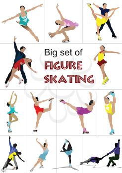 Big set of Figure skating colored silhouettes. Vector illustration