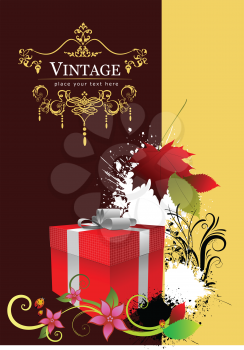 Cover for brochure with red gift box and autumn red leaf 