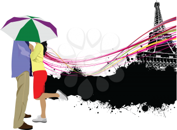 Kissing couple with umbrella on the Paris Eiffel tower background. Vector illustration