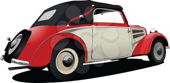 Red-white 50-years car cabriolet on the road. Vector illustration