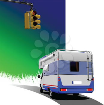 Camper van on country background with traffic light image. Vector illustration