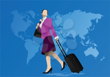 Business womman with suitcase on world map background. Vector illustration