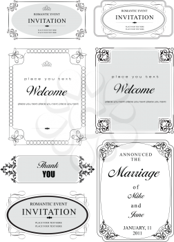 Set of ornate vector frames and ornaments with sample text. Perfect as invitation or announcement. All pieces are separate
