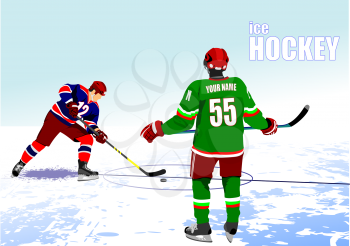 Ice hockey players poster. Colored Vector illustration for designers