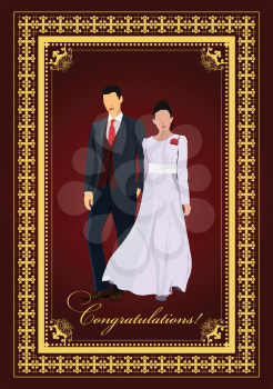 Vintage style cover for wedding album with couple image. Wedding card. Invitation Vector illustration for designers