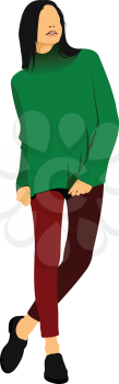 Cute lady in green sveater. Vector illustration