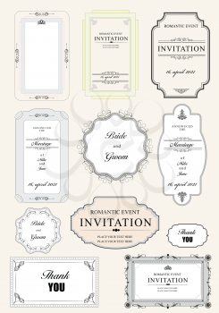 Set of ornate vector frames and ornaments with sample text. Perfect as invitation or announcement. All pieces are separate. Easy to change colors and edit.