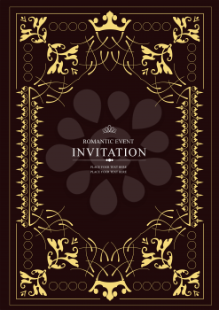 Gold ornament on dark brown background. Can be used as invitation card. Vector illustration