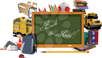 Big set of  “Back to school” with buses, books, ball images . Vector 3d illustration