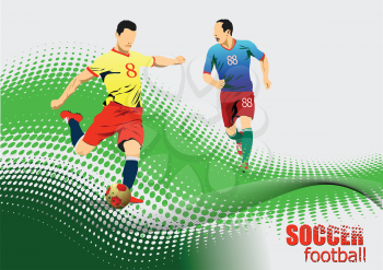 Soccer game poster. Two players. Vector Colored 3d illustration