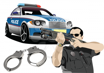 Set of Police. Car, policeman and handcuffs.  Vector 3d illustration