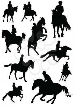 Horse rider silhouettes. Vector B&W illustration