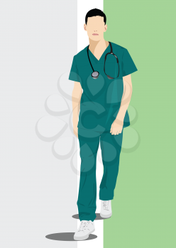 Nurse man with white doctor`s smock. Vector illustration