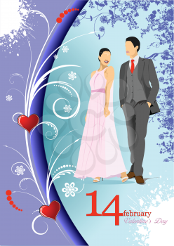 Decorative Valentine`s Day  with bride and groom images. Vector 3d illustration