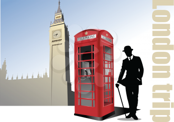 London image with gentlemen silhouette and red phone box. Colored vector 3d illustration