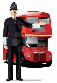 London Policeman and red double decker . Vector 3d illustration