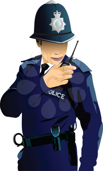 London Policeman speaking walkie-talkie radio. Vector 3d illustration