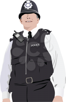 London Policeman with walkie-talkie radio. Vector 3d illustration
