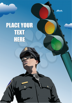 A police officer and traffic light on sky background. 3d vector illustration