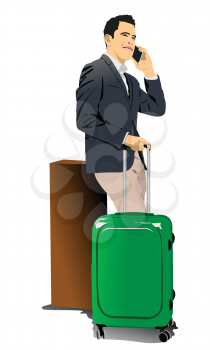 Man with suitcase talking phone. Vector 3d illustration