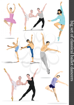 Big set of Modern and classical ballet dancers. Vector Colored 3d illustration
