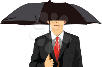 Palming up man with black umbrella checks the rain. 3d vector illustration