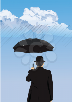 Palming up man with black umbrella checks the rain. 3d vector illustration