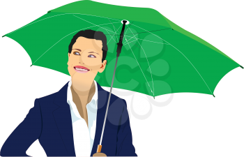 Palming up woman with green umbrella checks the rain. 3d vector illustration